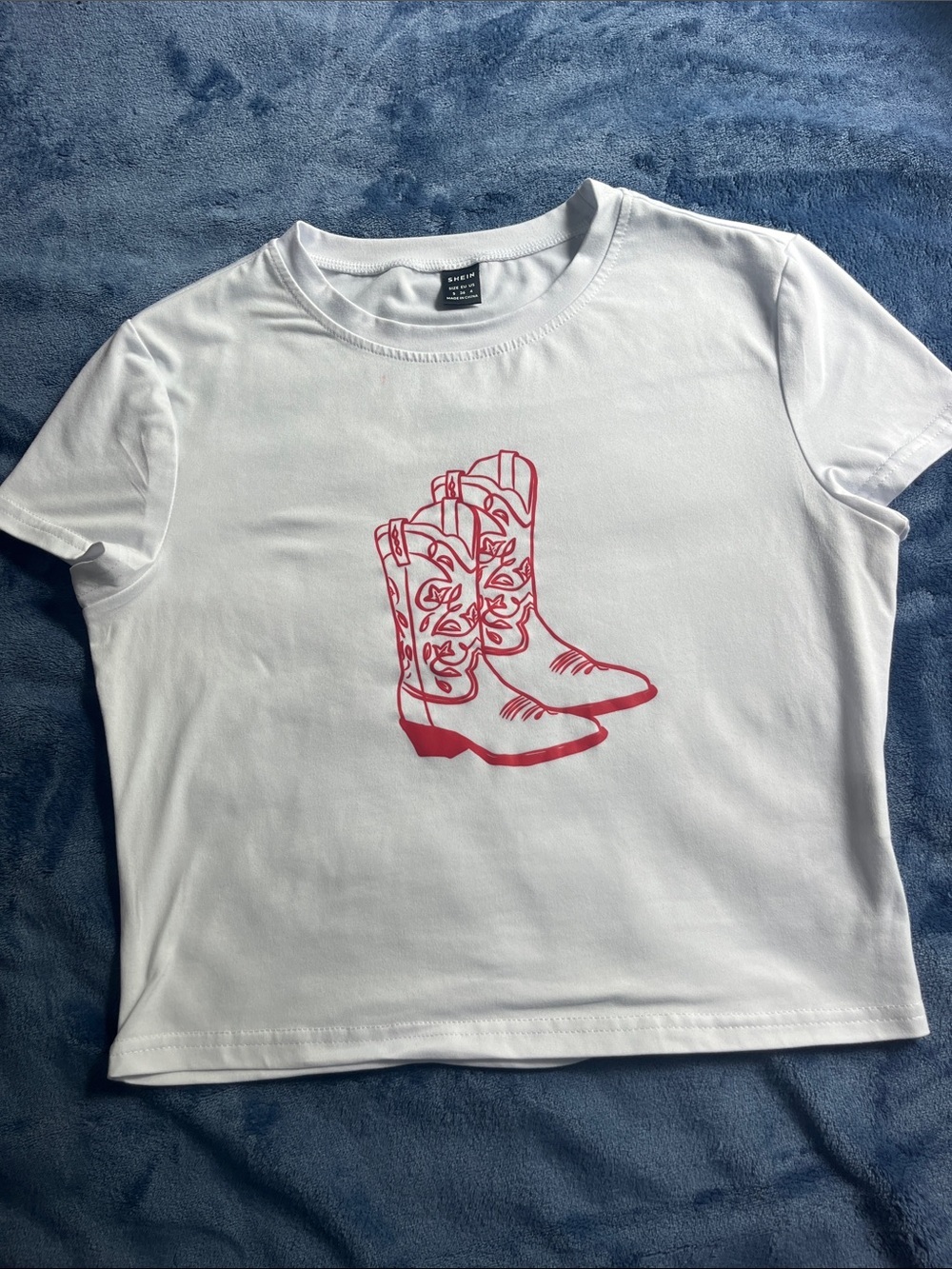 SHEIN White Crop Tee with Red Cowboy Boot Graphic